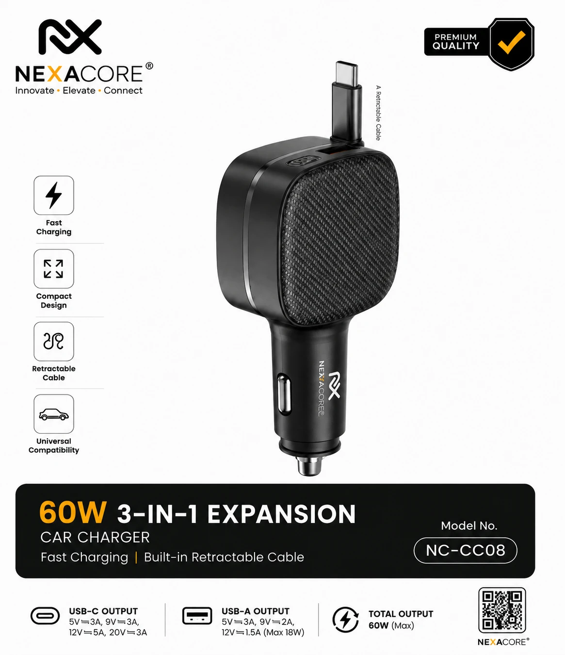 NEXACORE NC-CC98 60W 3-in-1 Expansion Car Charger